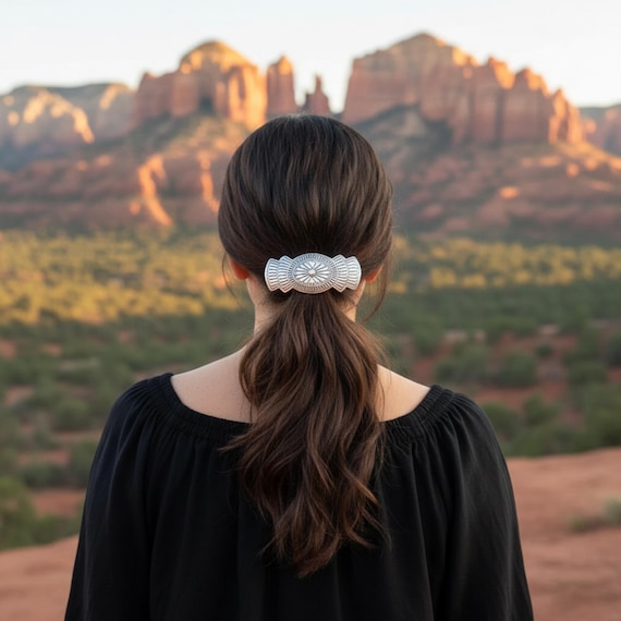 Navajo Silver Barrette: Native American Large Concho Hair Clip Native American