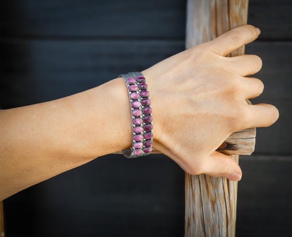 Purple Spiny Oyster Cuff Bracelet, Zuni Silver Row Bracelet By H M Coonsis