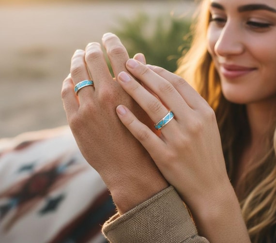 Zuni Kingman Turquoise Band Ring: Vintage Native American Sterling Silver Wedding Anniversary Band Ring