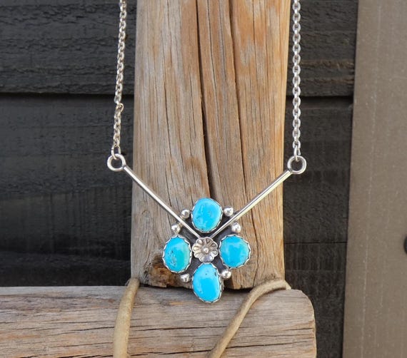 Navajo Turquoise Sterling Silver Bar Necklace, Vintage Native American