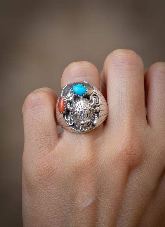 Men's Navajo Vintage Sterling Silver Turquoise Coral Buffalo Men's Ring Size 12