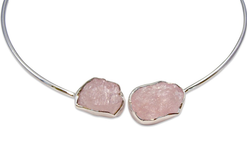 Vintage Silver Choker Collar Bohemian Raw Rose Quartz Silver Choker Collar