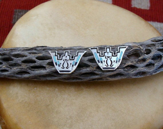 Zuni Turquoise Onyx Mother of Pearl Sterling Silver Post Earrings, Native Americans Jewelry, Gift For Mom, s, Handmade Gift