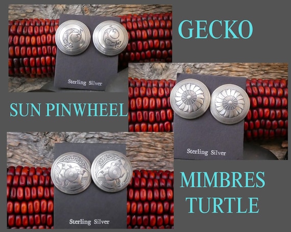 Navajo Silver Concho Button Dome Clip On Mimbres Turtle Gecko Sun Earrings