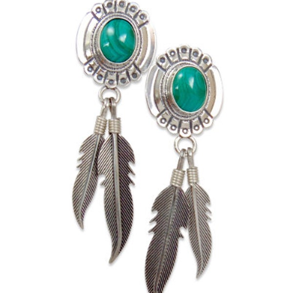 Boucles d'oreilles pendantes plumes malachite argent Navajo, cadeau bijoux fait main pour elle