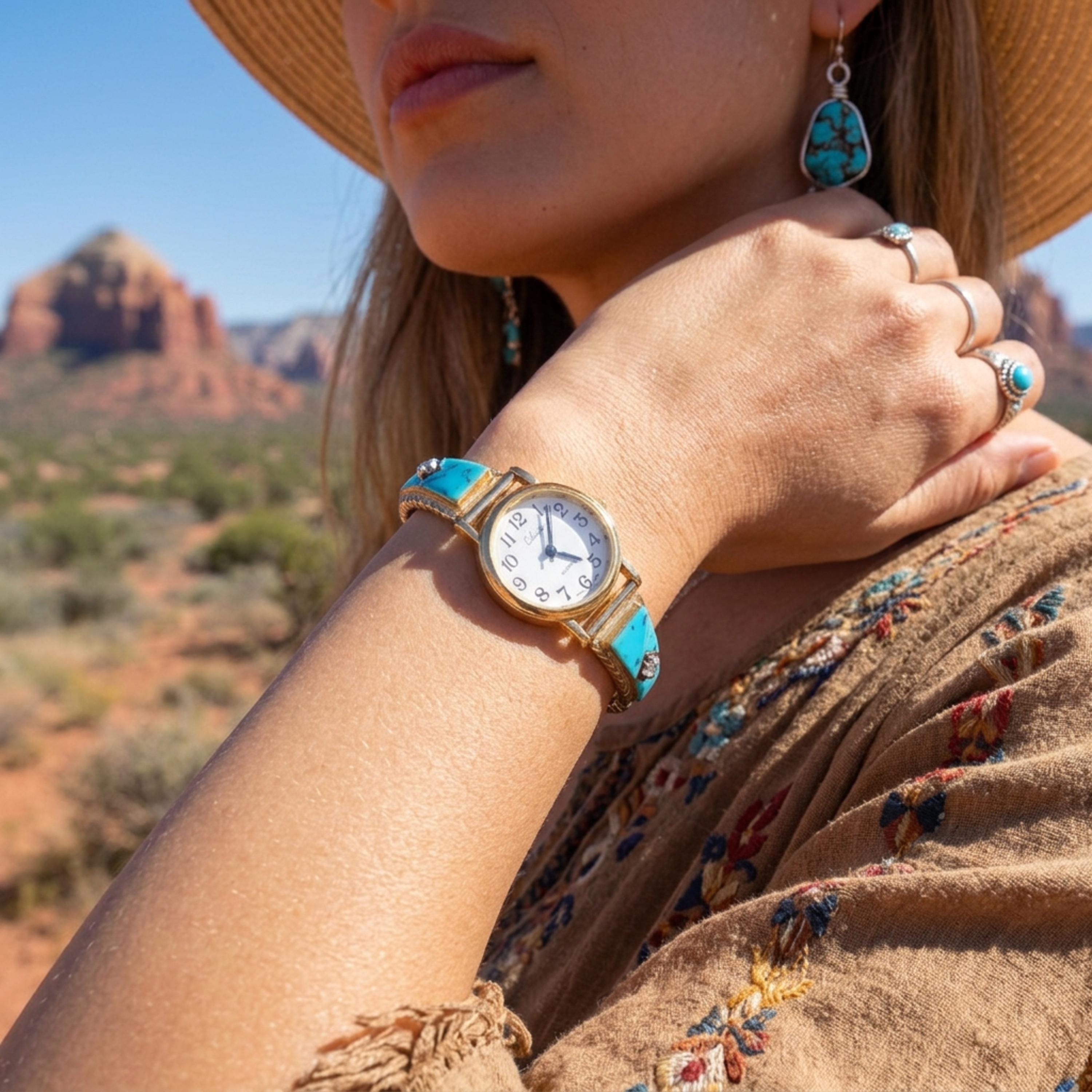 Turquoise Navajo Watch Band 12KGF Sterling Silver CZ Native