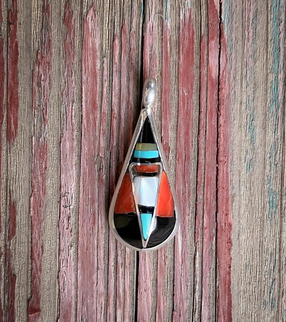 Navajo Turquoise Coral Multi Inlay Silver Pendant