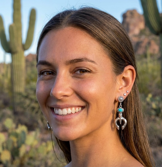 Navajo Turquoise Dangle Earrings: Native American Sterling Silver Turquoise Naja Post Earrings