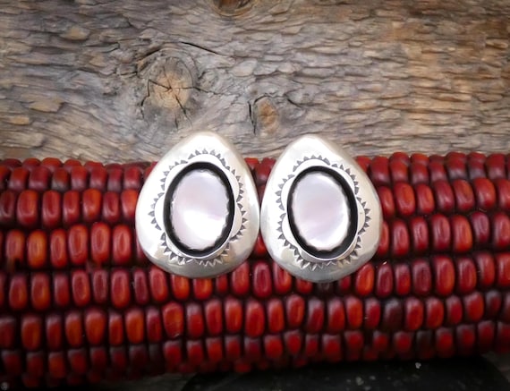 Vintage Ted Goodluck Pink Mussel Shell Earrings, Navajo Sterling Silver Shadowbox Signed TG