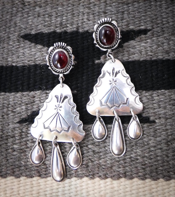 Navajo Sterling Silver Garnet Earrings, Native American Vintage Dangle Post Earrings