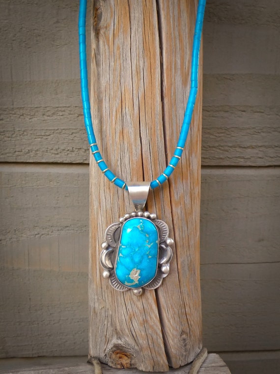 Native American Navajo Bright Blue Turquoise Sterling Silver Pendant, Handmade Jewelry For Her