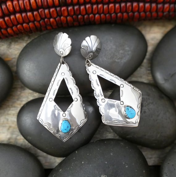 Navajo Turquoise Dangle Vintage Earrings Native American Sterling Silver Turquoise Jewelry Gift for Women