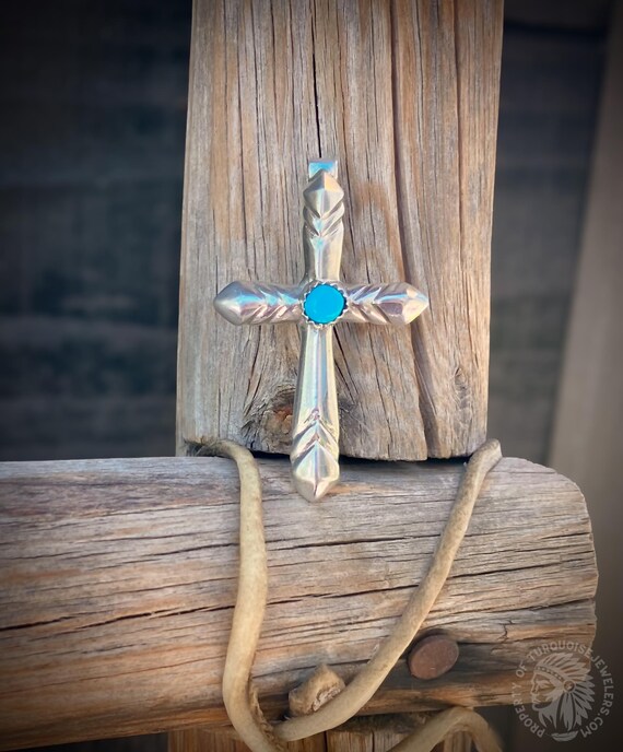 Authentic Native American Navajo Sandcast Turquoise Cross Sterling Silver Pendant, Gift For Christians