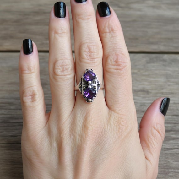 Amethyst Sterling Silver Marcasite Ring size 6.25 or 6.5