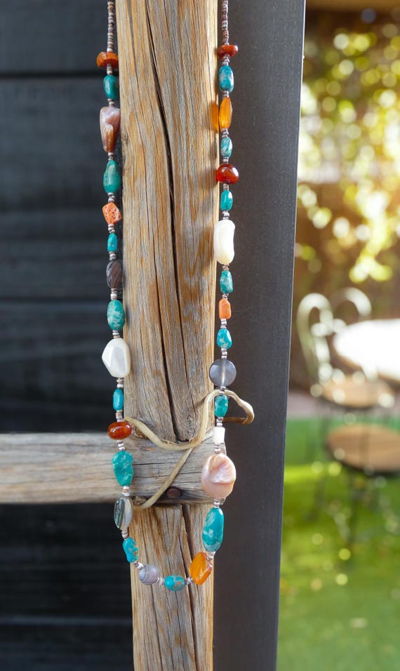 Santo Domingo Native American Turquoise Multi Stone Vintage Bead 28" Necklace, Gift For Her