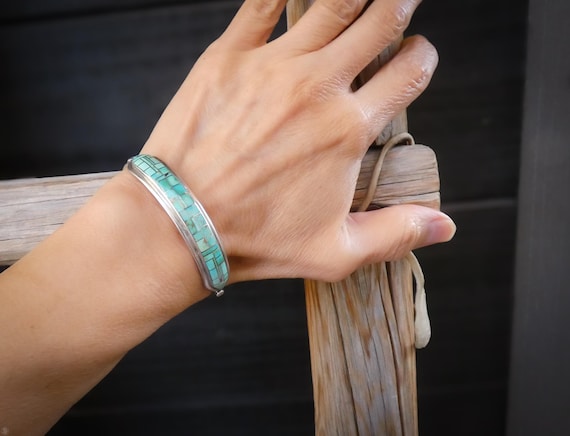 Silver Turquoise Bracelet: Native American Zuni Sterling Silver Turquoise Inlay Cuff For Women