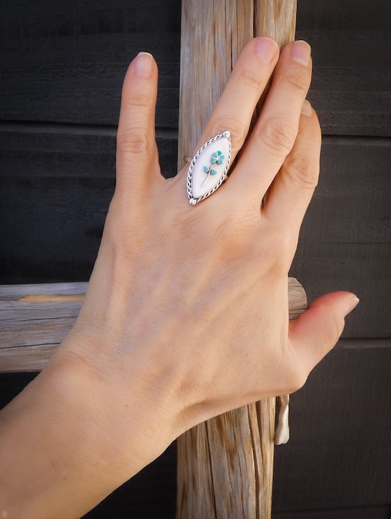 Native American Mother of Pearl Turquoise Flower Zuni Ring by Robert Lasilo