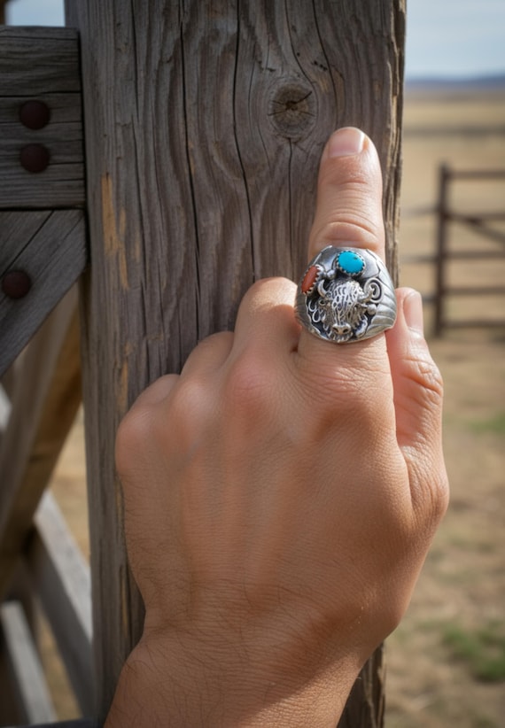 Men's Navajo Vintage Sterling Silver Turquoise Coral Buffalo Men's Ring Size 12