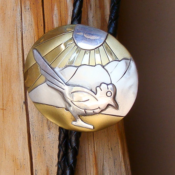 Navajo Bronze Sterling Silver Roadrunner Bolo Tie