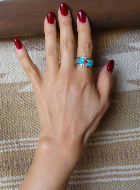 Zuni Turquoise Coral Inlay Band: Sterling Silver Native American Anniversary Wedding Ring Multiple Sizes