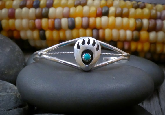 Child Size Turquoise Bracelet: Sterling Silver Bear Paw Cuff, Small Wrist Bracelet
