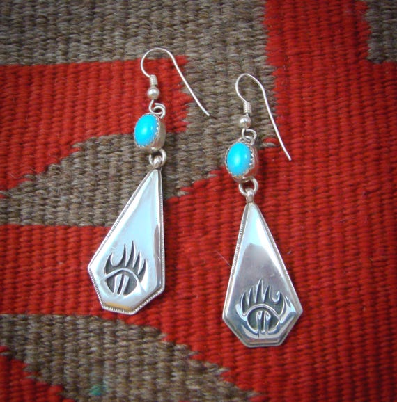 Turquoise Navajo Earrings, Native American Turquoise Silver Bear Paw Dangle Earrings, Earrings for Women, Gift For Mom