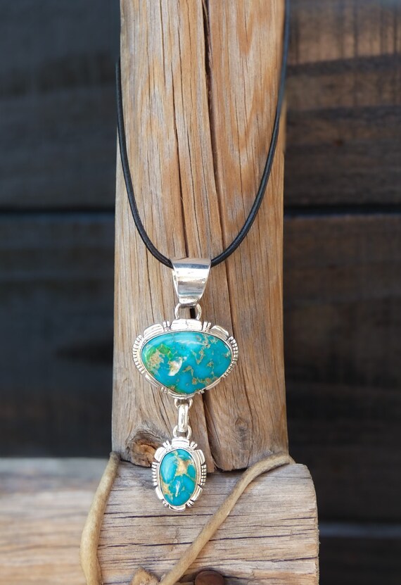 Native American Navajo 925 Sterling Silver Kingman Turquoise 2 Tier Dangle Pendant