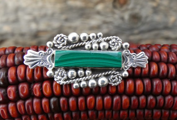 Malachite Brooch Pin, Native American Sterling Silver Navajo Malachite Bar Pin, Jewelry Gift For Mom