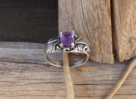 Navajo 925 Sterling Silver Emerald Cut Amethyst Leaf Ring Size 6, Ring For Women, Hallmarked Signature