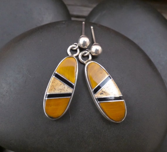 Native American Navajo Jewelry, Tiger Eye Onyx Multi Inlay Jasper Sterling Silver Post Dangle Earrings, Gift For Her