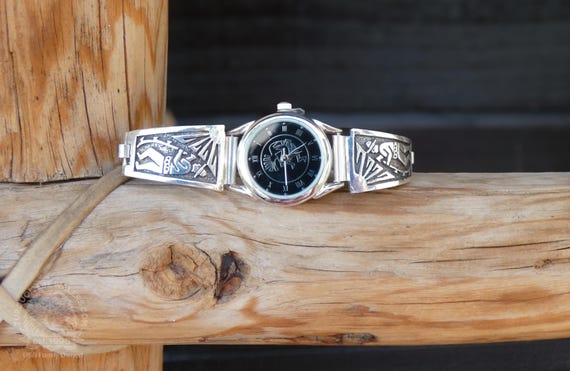 Native American 925 Sterling Silver Folk Art Women's Watch, Navajo Story Watch Band
