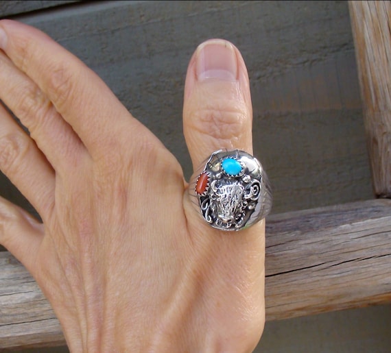 Native American Navajo Vintage Sterling Silver Turquoise Coral Buffalo Men's Ring Size 11.75