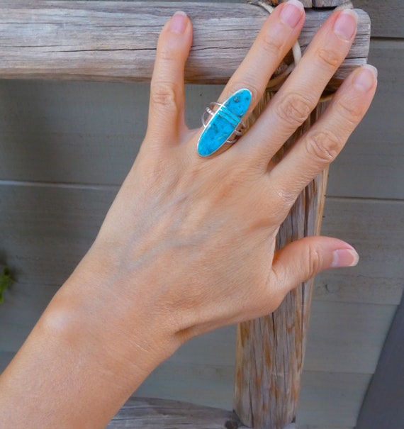 Handmade Jewelry Gift, Native American Navajo Silver Turquoise Inlay Ring Size 7