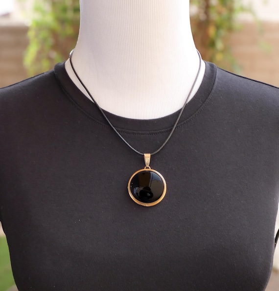 Large Round Black Onyx 12KGF Sterling Silver Pendant, Handmade Jewelry Gift For Her
