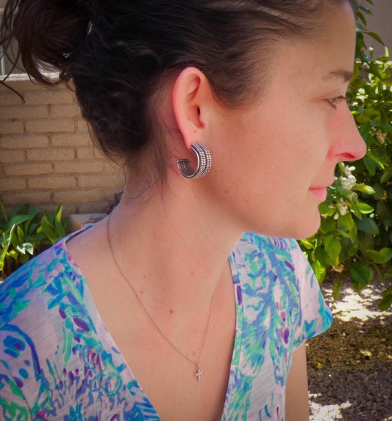 Native American Navajo 925 Sterling Silver Coil Hoop Post Earrings, Handmade Jewelry Gift For Her