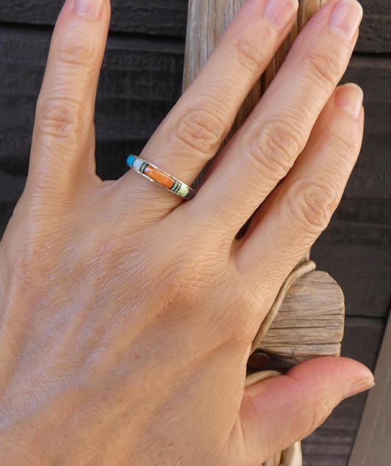 Navajo Band Ring Turquoise Spiny Oyster Multi Inlay Silver Wedding Band Ring Sizes 5.5 thru 9.5, Anniversary Ring
