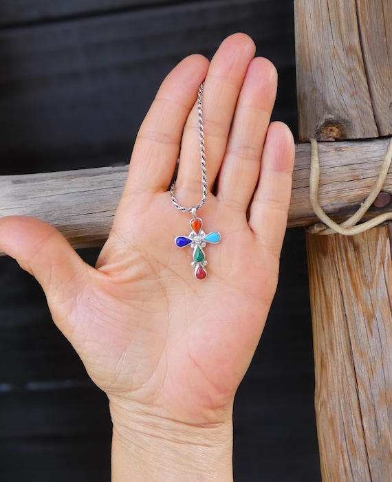 Zuni Sterling Silver Cross Pendant with Turquoise, Spiny Oyster, Lapis, and Malachite | Vintage Native American Jewelry
