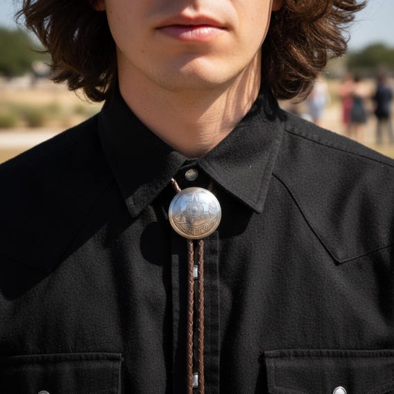 Navajo Bolo Tie: Native American Mimbres Turtle Sterling Silver Round Concho