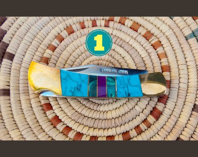 Navajo Vintage Turquoise Multi Inlay Brass Pocket Knife, Handmade Collector Knife, Turquoise