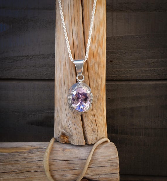 Navajo Oval Amethyst Silver Pendant & Silver 18 " Rope Chain By Lee Bennett