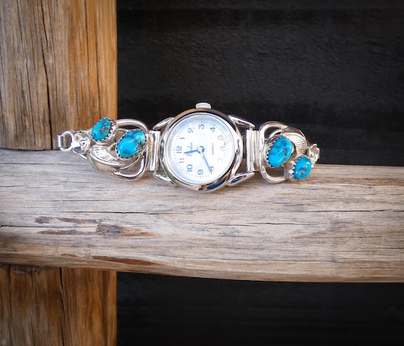 Native American Navajo Turquoise Watch Sterling Silver Watch Band For Women