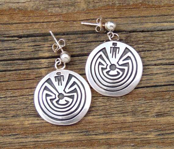 Sterling Silver Hopi Silver Man in the Maze Post Dangle Earrings