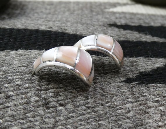 Native American 925 Sterling Silver Zuni Mussel Shell Partial Hoop Earrings, Gifted Jewelry, Made in USA
