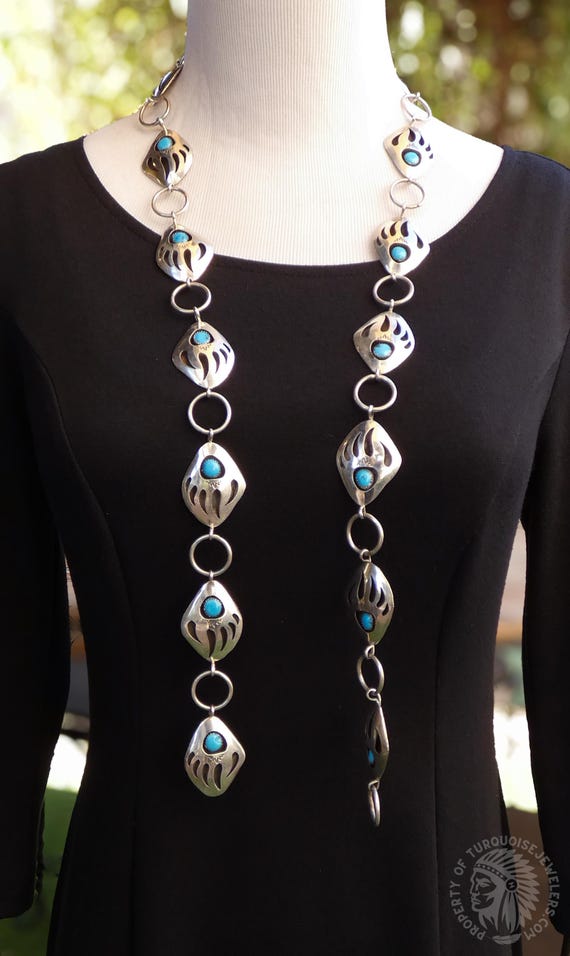 RARE! Native American Navajo 925 Sterling Silver Bear Paw Shadow Box Turquoise Adjustable Link Concho Belt, Gift For Her