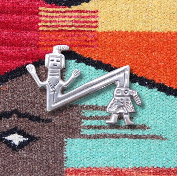 Rare Navajo Silver Brooch Pin Handmade Vintage Native American Sterling Silver Sandcast Rainbow Dancer Yei Pin Gift For Mom