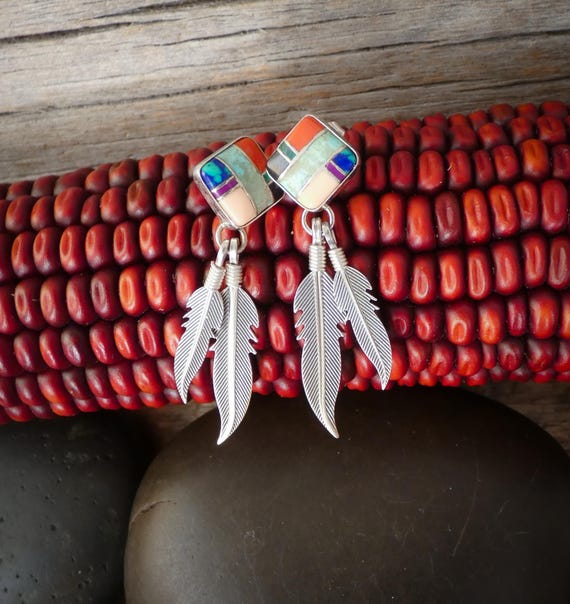 Native American Turquoise Multi Inlay Silver Feather Dangle Earrings For Women