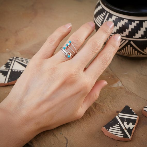 Delicate Zuni Turquoise Heart Ring: Native American Sterling Silver Adjustable Ring for Women