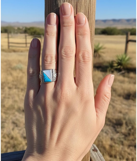 Navajo Sterling Silver Turquoise Mother of Pearl Inlay Unisex Ring Size 7 & 9