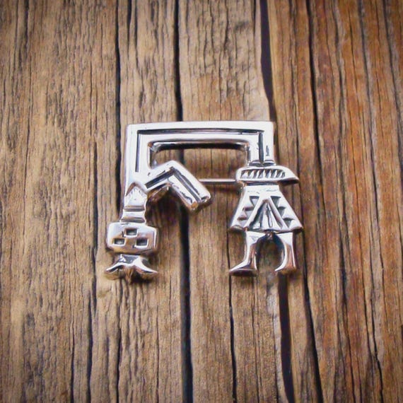 Navajo Silver Sandcast Pin: Vintage Rainbow Dancer Yei Brooch