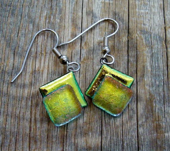 Dichroic Fused Glass Yellow Green Dangle Earrings, s, Handmade Jewelry For Her